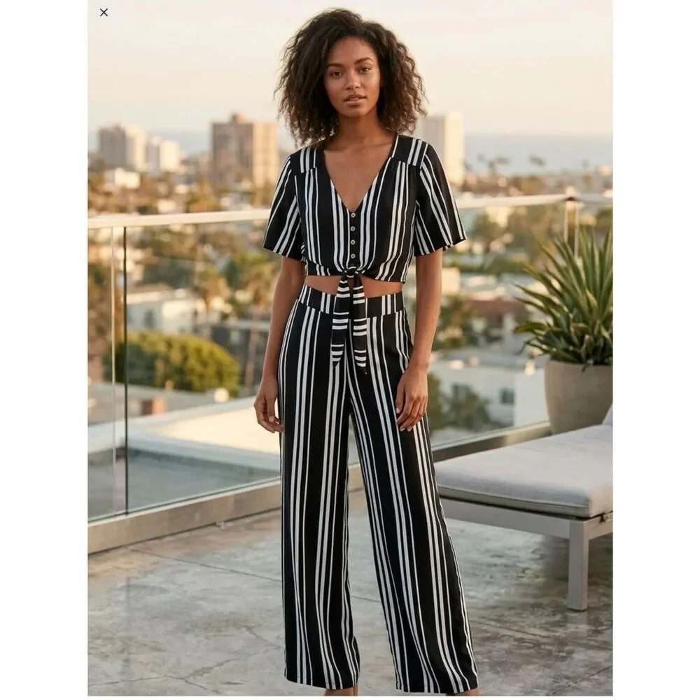 Take 50% OFF- Live To Be Spoiled Black&White 2pc Croptop & Pant, Size-XS